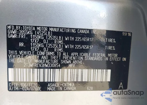 2017 Toyota Rav4 Xle z USA, uszkodzony, nr VIN 2T3WFREV3HW330854